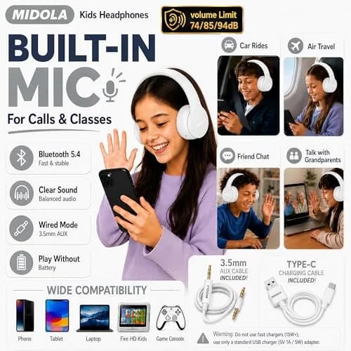 MIDOLA Kids Bluetooth Headphones Wireless Over-Ear | 68Hrs, Volume Limit 85/94dB, Collapsible & Comfortable thumbnail 6