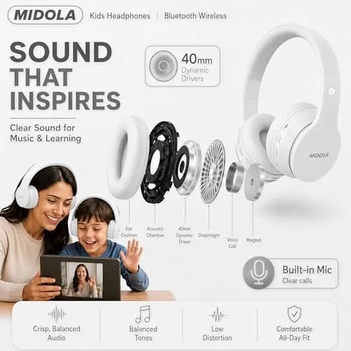 MIDOLA Kids Bluetooth Headphones Wireless Over-Ear | 68Hrs, Volume Limit 85/94dB, Collapsible & Comfortable thumbnail 7
