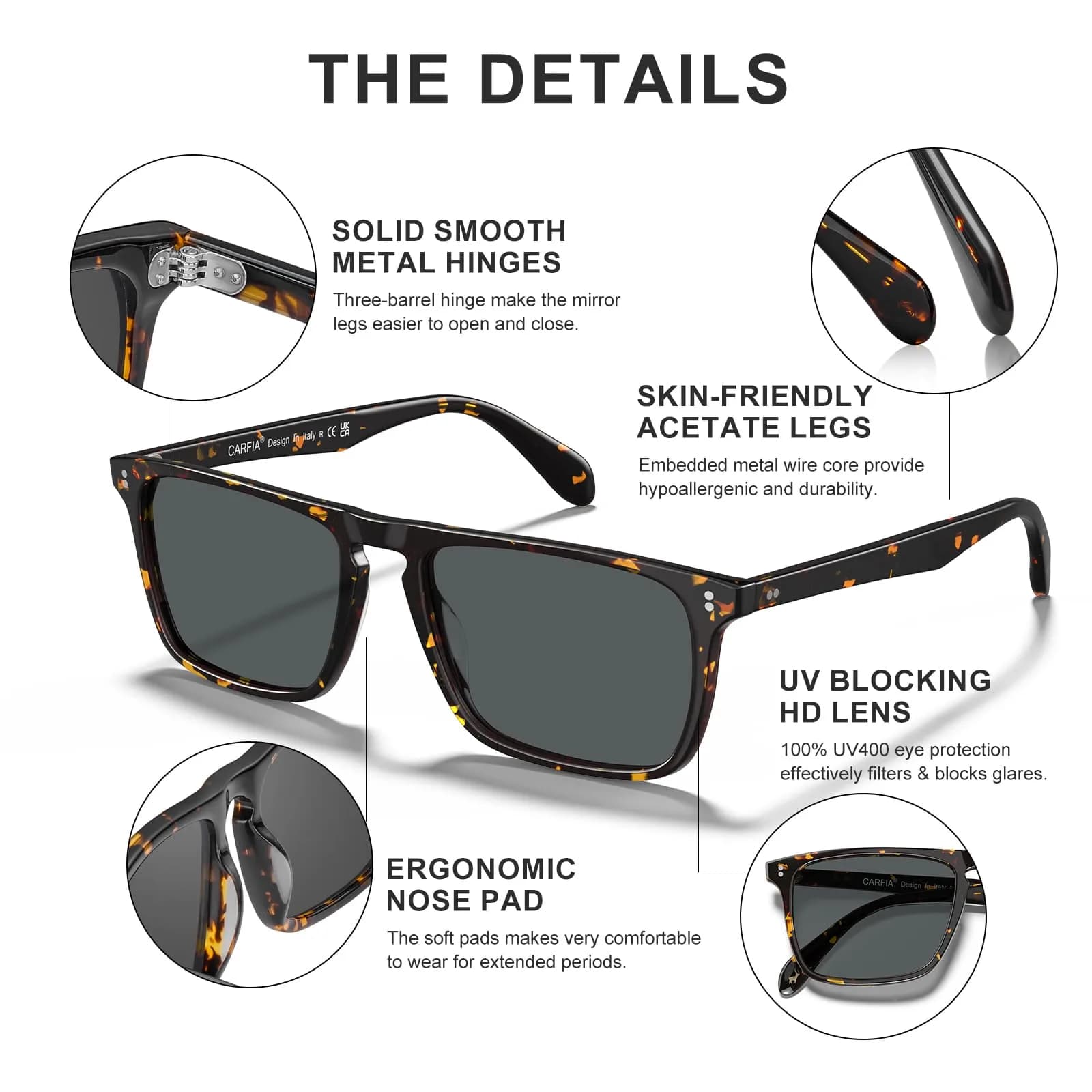 CARFIA Retro Square Polarized Sunglasses for Men CA53572 | 54mm Lens Width, 145mm Arm Length - view 5