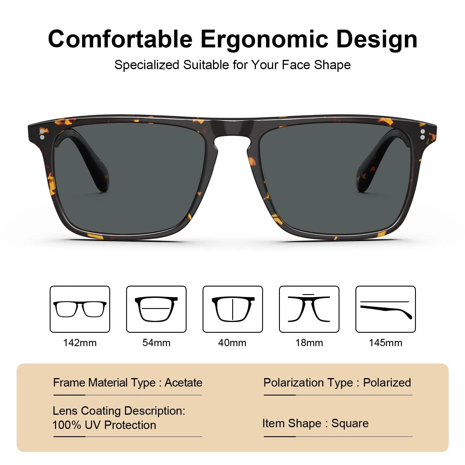 CARFIA Retro Square Polarized Sunglasses for Men CA53572 | 54mm Lens Width, 145mm Arm Length - view 4