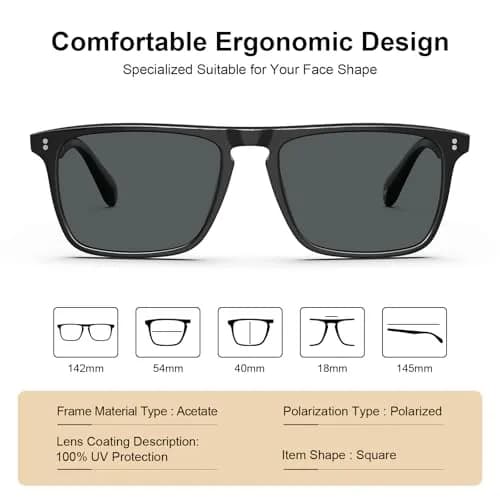 CARFIA Retro Square Polarized Sunglasses for Men UV Protection CA53572 | 54mm Lens Width, 18mm Bridge Width thumbnail 4