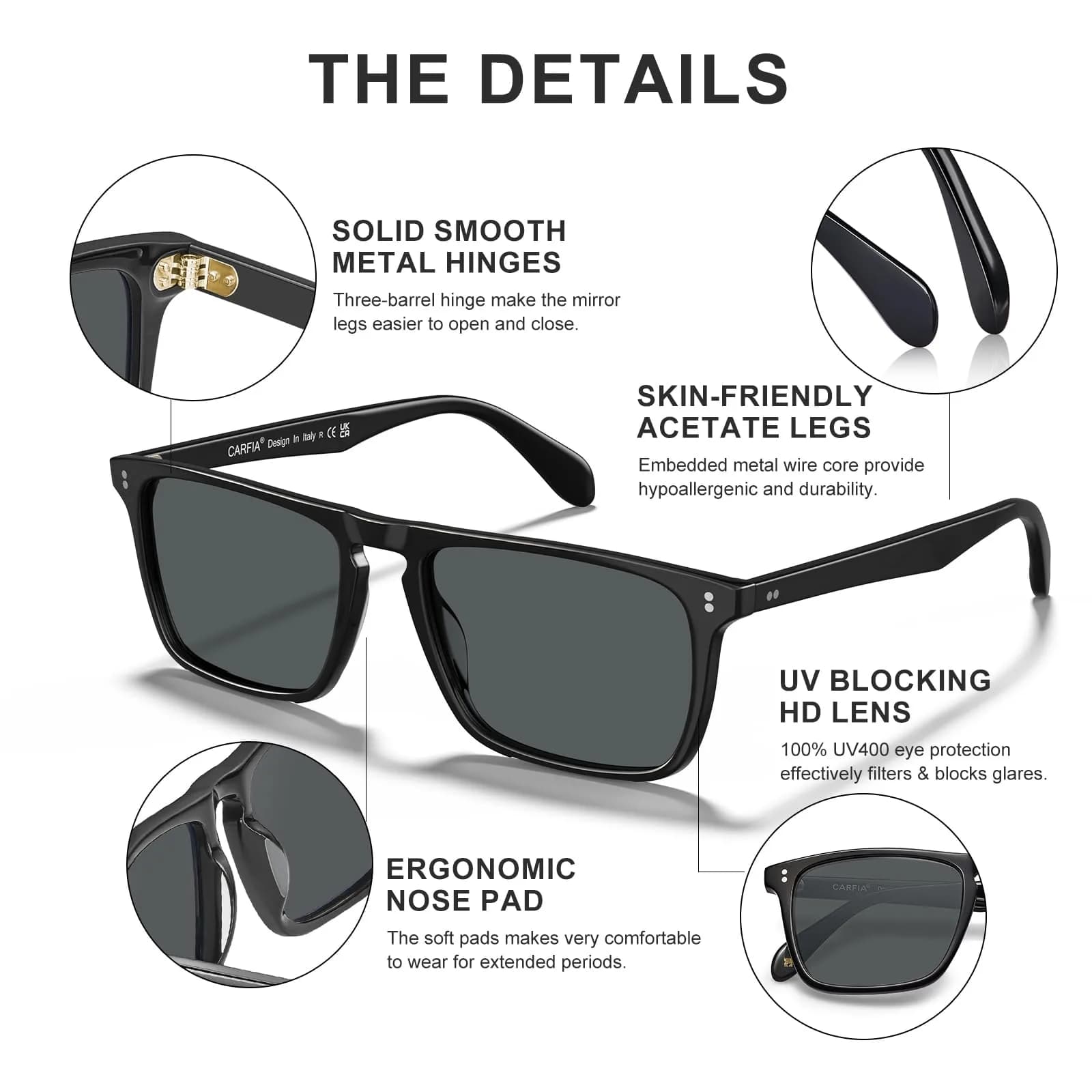 CARFIA Retro Square Polarized Sunglasses for Men UV Protection CA53572 | 54mm Lens Width, 18mm Bridge Width - view 5