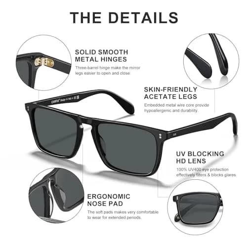 CARFIA Retro Square Polarized Sunglasses for Men UV Protection CA53572 | 54mm Lens Width, 18mm Bridge Width thumbnail 5