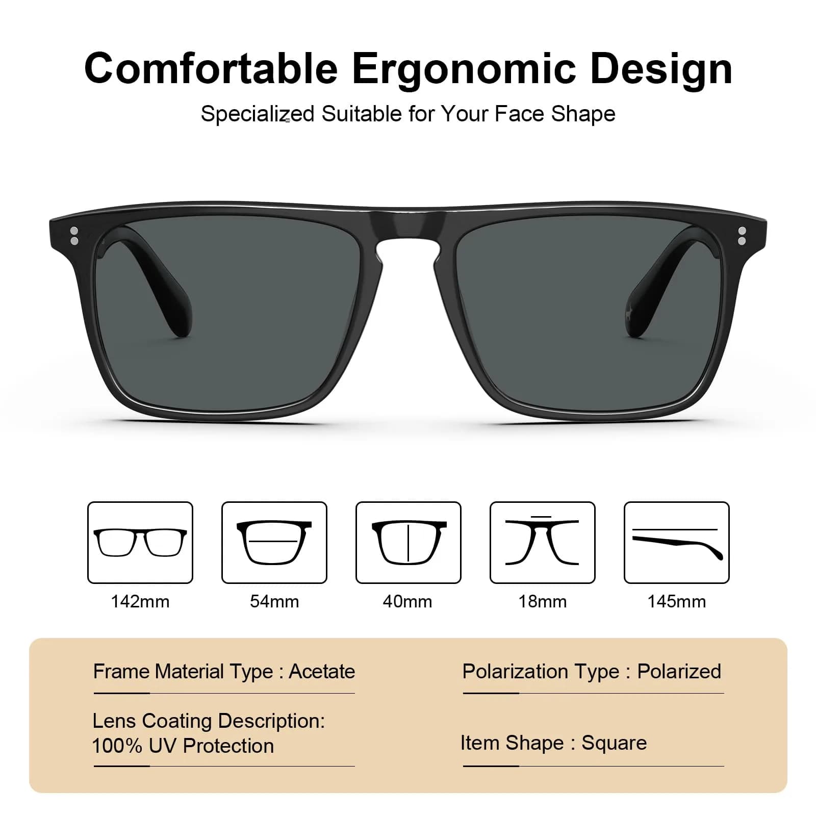 CARFIA Retro Square Polarized Sunglasses for Men UV Protection CA53572 | 54mm Lens Width, 18mm Bridge Width - view 4