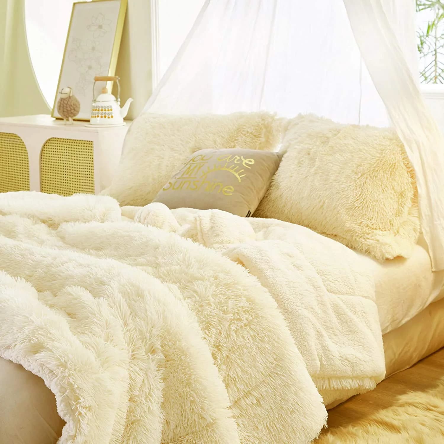 Flysheep Faux Fur Comforter Set Queen | Ultra Soft Long Hair Plush Bedding — Beige / Queen-86"x86"