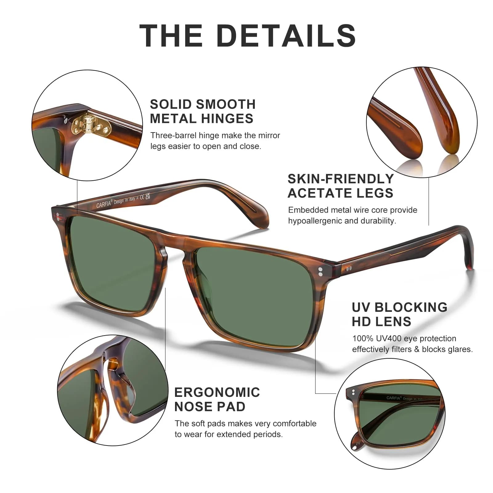 CARFIA Retro Square Polarized Sunglasses for Men | 54mm Lens Width (1.94 Fl Oz) - view 5