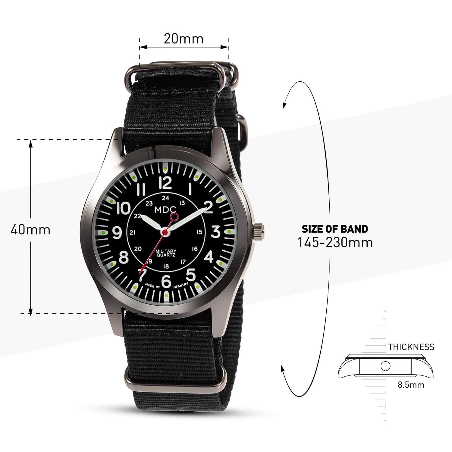 Infantry MDC Mens Military Field Watch 40mm (1.57 inches) | Japanese Quartz Movement, Black Nylon Strap - view 6