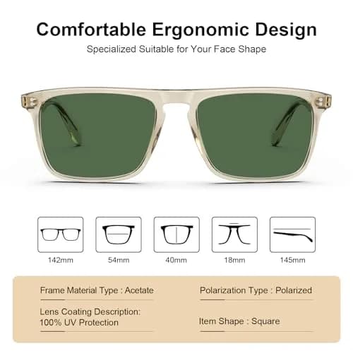 CARFIA Retro Square Polarized Sunglasses for Men UV Protection CA53572 | Polarized Lenses, Acetate Frame, 145mm Arm thumbnail 4