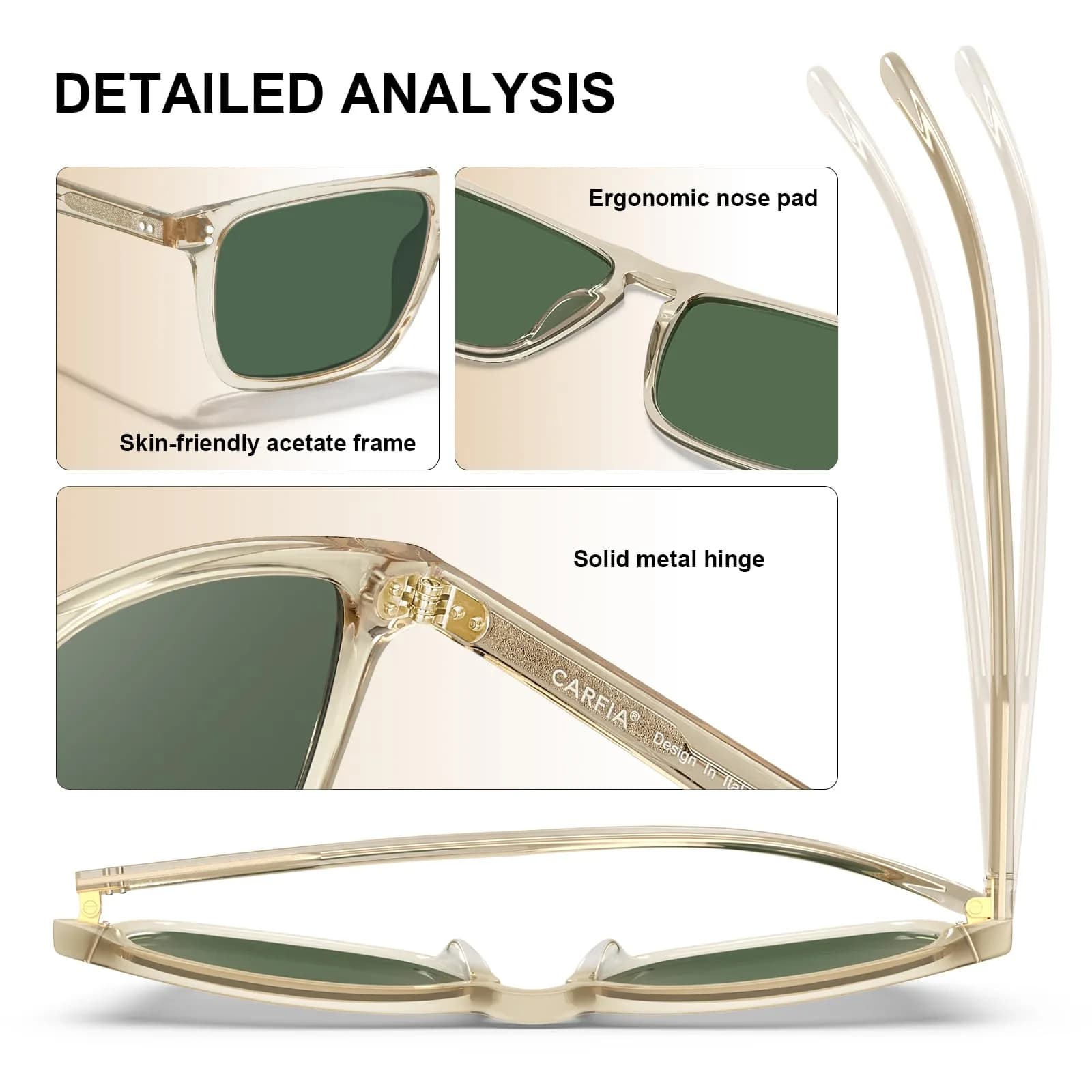 CARFIA Retro Square Polarized Sunglasses for Men UV Protection CA53572 | Polarized Lenses, Acetate Frame, 145mm Arm - view 8