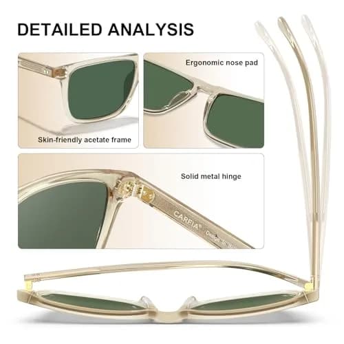 CARFIA Retro Square Polarized Sunglasses for Men UV Protection CA53572 | Polarized Lenses, Acetate Frame, 145mm Arm thumbnail 8