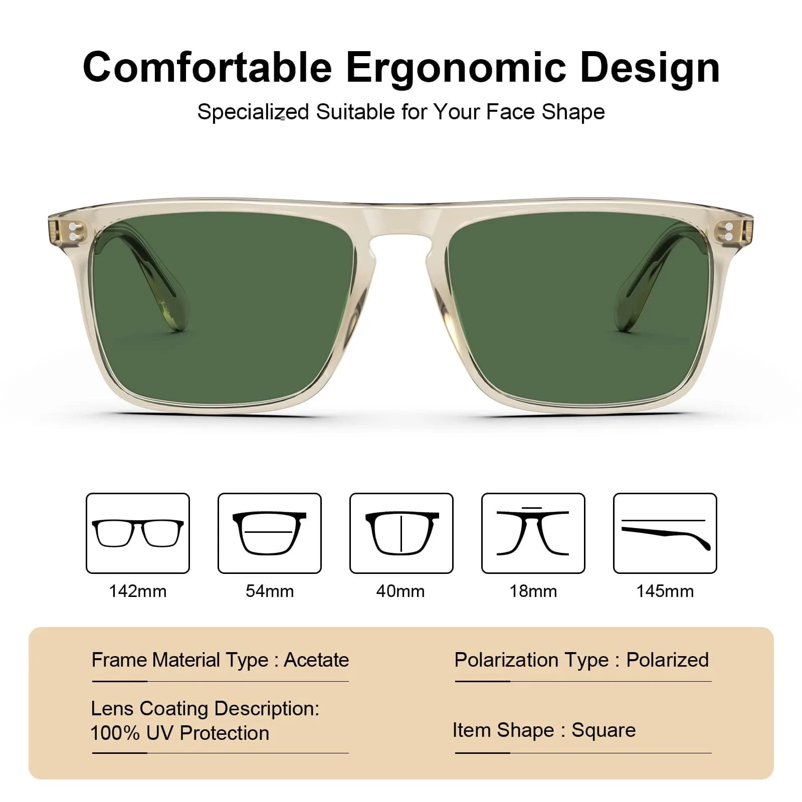CARFIA Retro Square Polarized Sunglasses for Men UV Protection CA53572 | Polarized Lenses, Acetate Frame, 145mm Arm - view 4