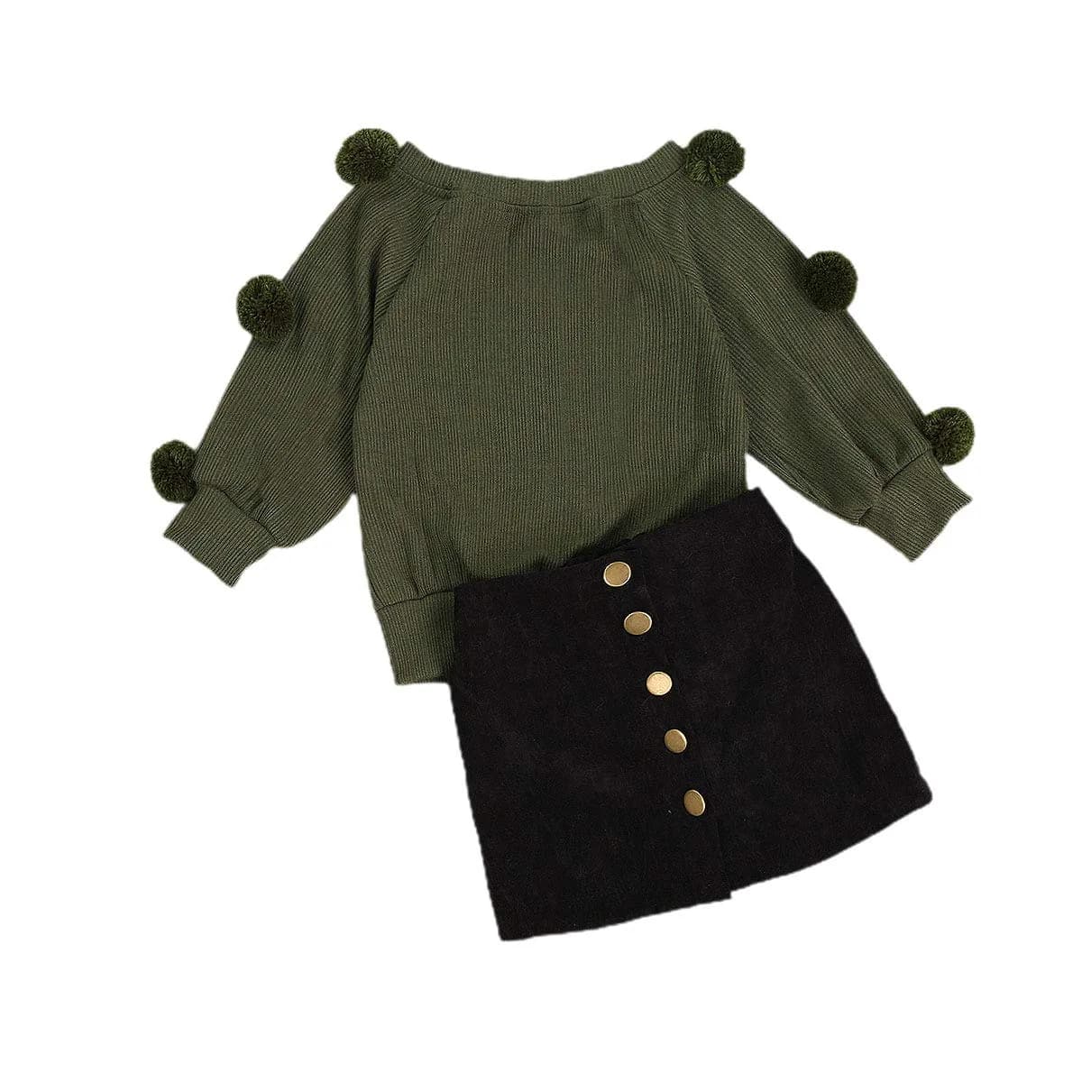 RSRZRCJ Kids Toddler Baby Girl Fall Winter Outfit Long Sleeve Pompom Knitted Shirt Sweater Top Button Skirt 2PCS Set (Army Green, 4-5 Years) | Cozy & Stylish