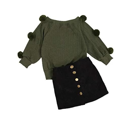 RSRZRCJ Kids Toddler Baby Girl Fall Winter Outfit Long Sleeve Pompom Knitted Shirt Sweater Top Button Skirt 2PCS Set (Army Green, 4-5 Years) | Cozy & Stylish thumbnail 1
