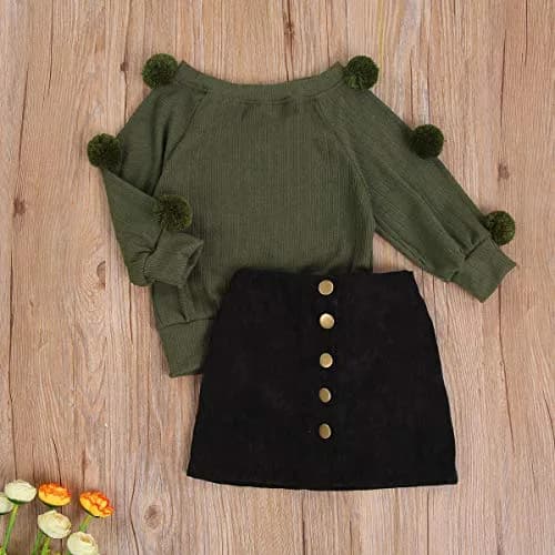 RSRZRCJ Kids Toddler Baby Girl Fall Winter Outfit Long Sleeve Pompom Knitted Shirt Sweater Top Button Skirt 2PCS Set (Army Green, 4-5 Years) | Cozy & Stylish thumbnail 2