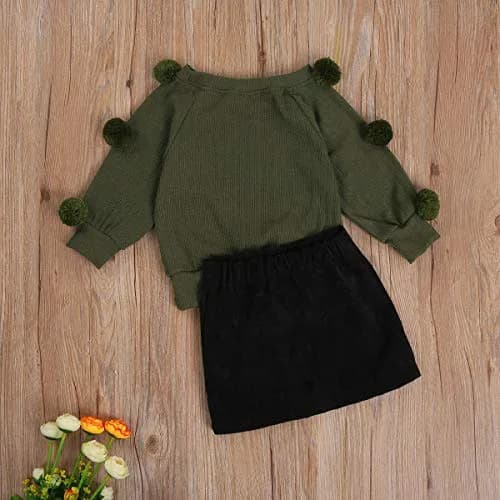 RSRZRCJ Kids Toddler Baby Girl Fall Winter Outfit Long Sleeve Pompom Knitted Shirt Sweater Top Button Skirt 2PCS Set (Army Green, 4-5 Years) | Cozy & Stylish thumbnail 3