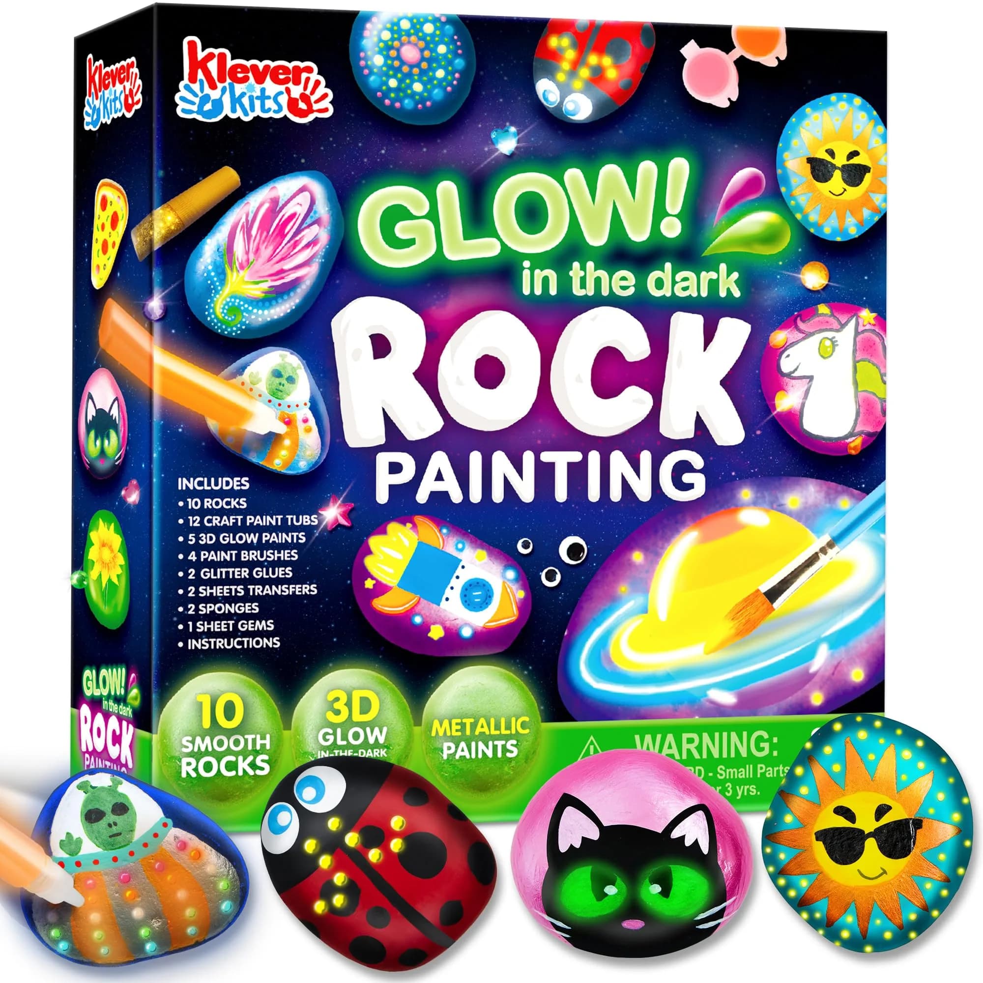 JOYIN Rock Painting Kit with Glow in The Dark Paints, Assorted Colors Art Craft Kit | 10 Rocks, 6 Standard Paints, 6 Metallic Paints, 5 Glow Paints, 4 Brushes, 2 Glitter Glue, 8 Eyes, 2 Sponges, 18 Stickers, 32 Gems - main product image