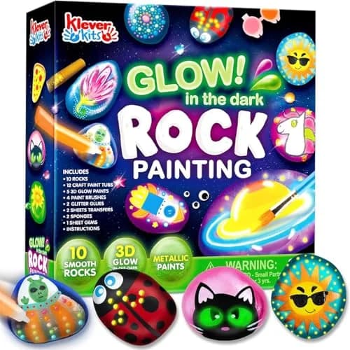 JOYIN Glow in the Dark Rock Painting Kit | Assorted Colors Art Craft Kit (10 Rocks, 6 Standard Paints, 6 Metallic Paints, 5 Glow Paints, 2 Glitter Glue, 4 Brushes, 8 Eyes, 2 Sponges, 18 Stickers, 32 Gems, Instruction Booklet) thumbnail 1