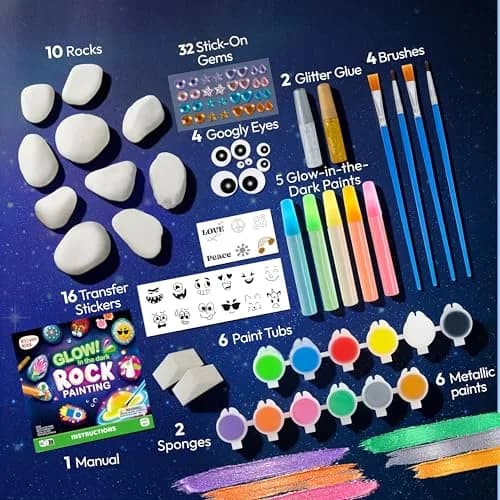 JOYIN Glow in the Dark Rock Painting Kit | Assorted Colors Art Craft Kit (10 Rocks, 6 Standard Paints, 6 Metallic Paints, 5 Glow Paints, 2 Glitter Glue, 4 Brushes, 8 Eyes, 2 Sponges, 18 Stickers, 32 Gems, Instruction Booklet) thumbnail 4