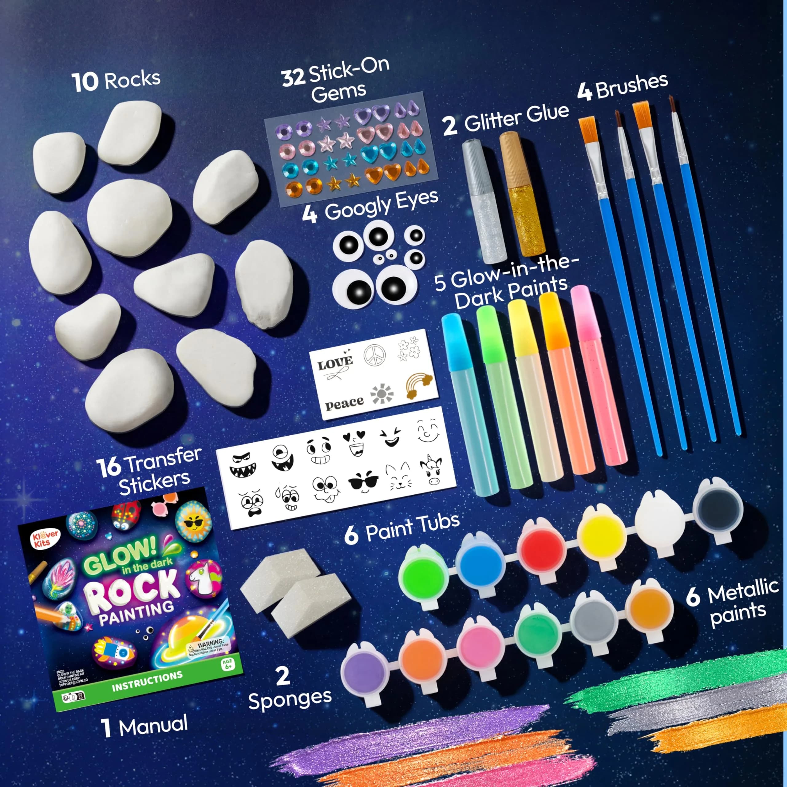 JOYIN Glow in the Dark Rock Painting Kit | Assorted Colors Art Craft Kit (10 Rocks, 6 Standard Paints, 6 Metallic Paints, 5 Glow Paints, 2 Glitter Glue, 4 Brushes, 8 Eyes, 2 Sponges, 18 Stickers, 32 Gems, Instruction Booklet) - view 4