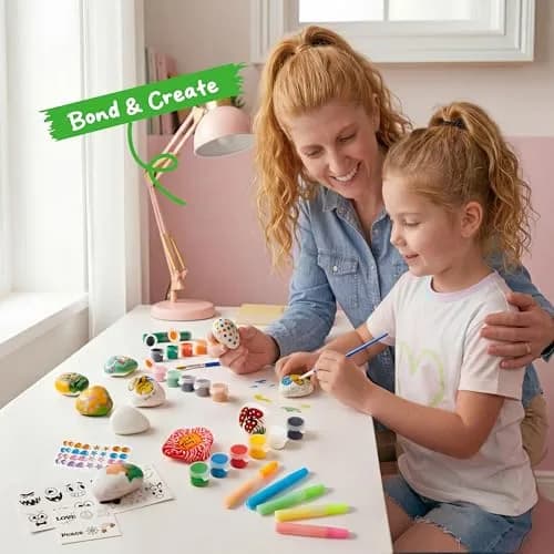 JOYIN Glow in the Dark Rock Painting Kit | Assorted Colors Art Craft Kit (10 Rocks, 6 Standard Paints, 6 Metallic Paints, 5 Glow Paints, 2 Glitter Glue, 4 Brushes, 8 Eyes, 2 Sponges, 18 Stickers, 32 Gems, Instruction Booklet) thumbnail 5