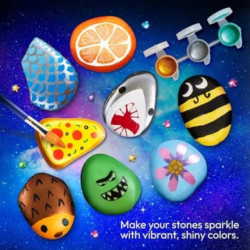 JOYIN Glow in the Dark Rock Painting Kit | Assorted Colors Art Craft Kit (10 Rocks, 6 Standard Paints, 6 Metallic Paints, 5 Glow Paints, 2 Glitter Glue, 4 Brushes, 8 Eyes, 2 Sponges, 18 Stickers, 32 Gems, Instruction Booklet) thumbnail 6