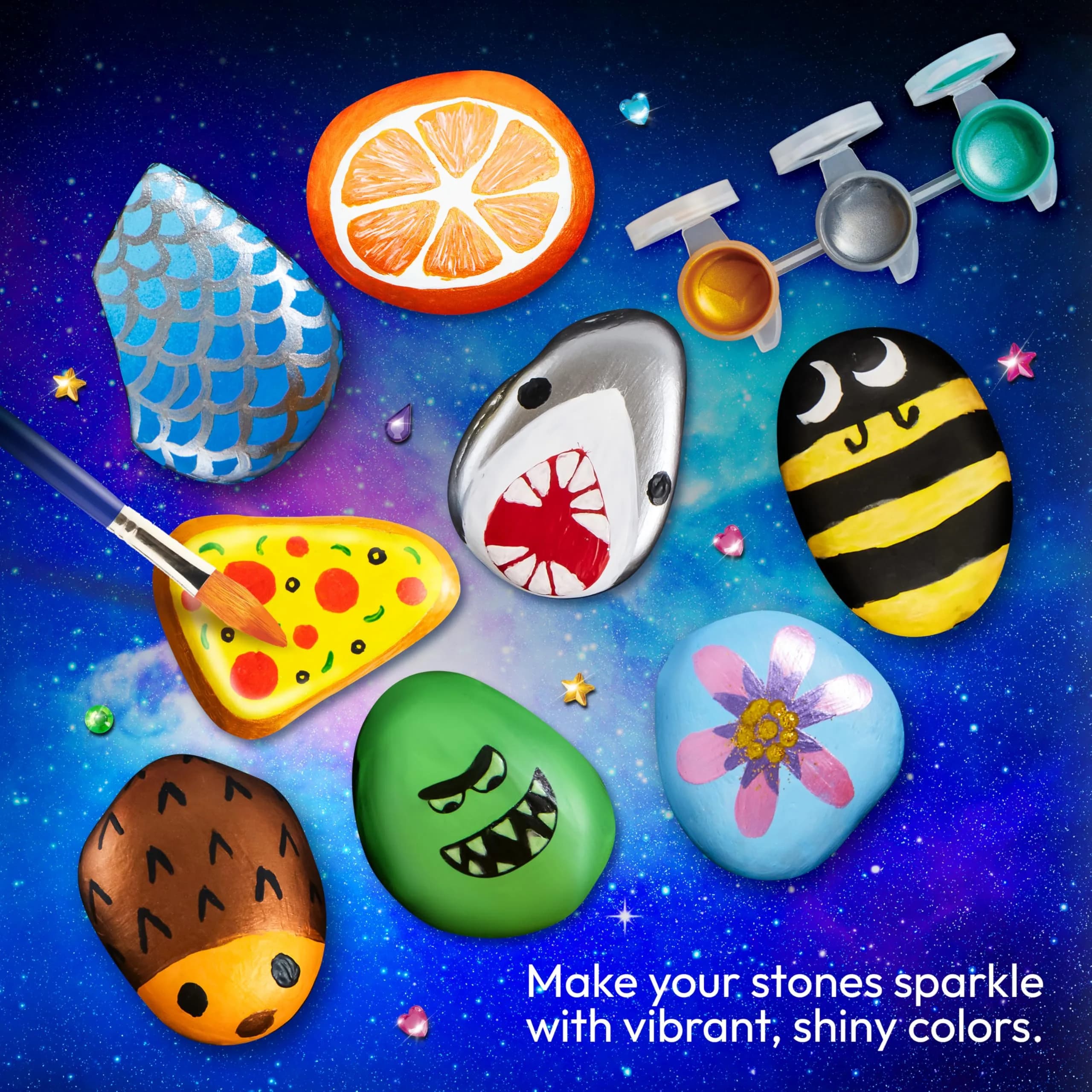 JOYIN Glow in the Dark Rock Painting Kit | Assorted Colors Art Craft Kit (10 Rocks, 6 Standard Paints, 6 Metallic Paints, 5 Glow Paints, 2 Glitter Glue, 4 Brushes, 8 Eyes, 2 Sponges, 18 Stickers, 32 Gems, Instruction Booklet) - view 6
