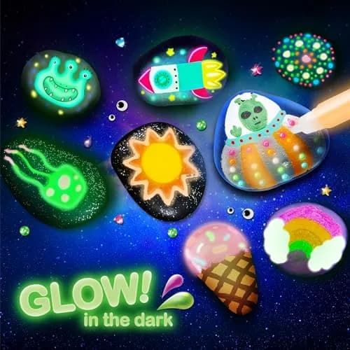 JOYIN Glow in the Dark Rock Painting Kit | Assorted Colors Art Craft Kit (10 Rocks, 6 Standard Paints, 6 Metallic Paints, 5 Glow Paints, 2 Glitter Glue, 4 Brushes, 8 Eyes, 2 Sponges, 18 Stickers, 32 Gems, Instruction Booklet) thumbnail 2