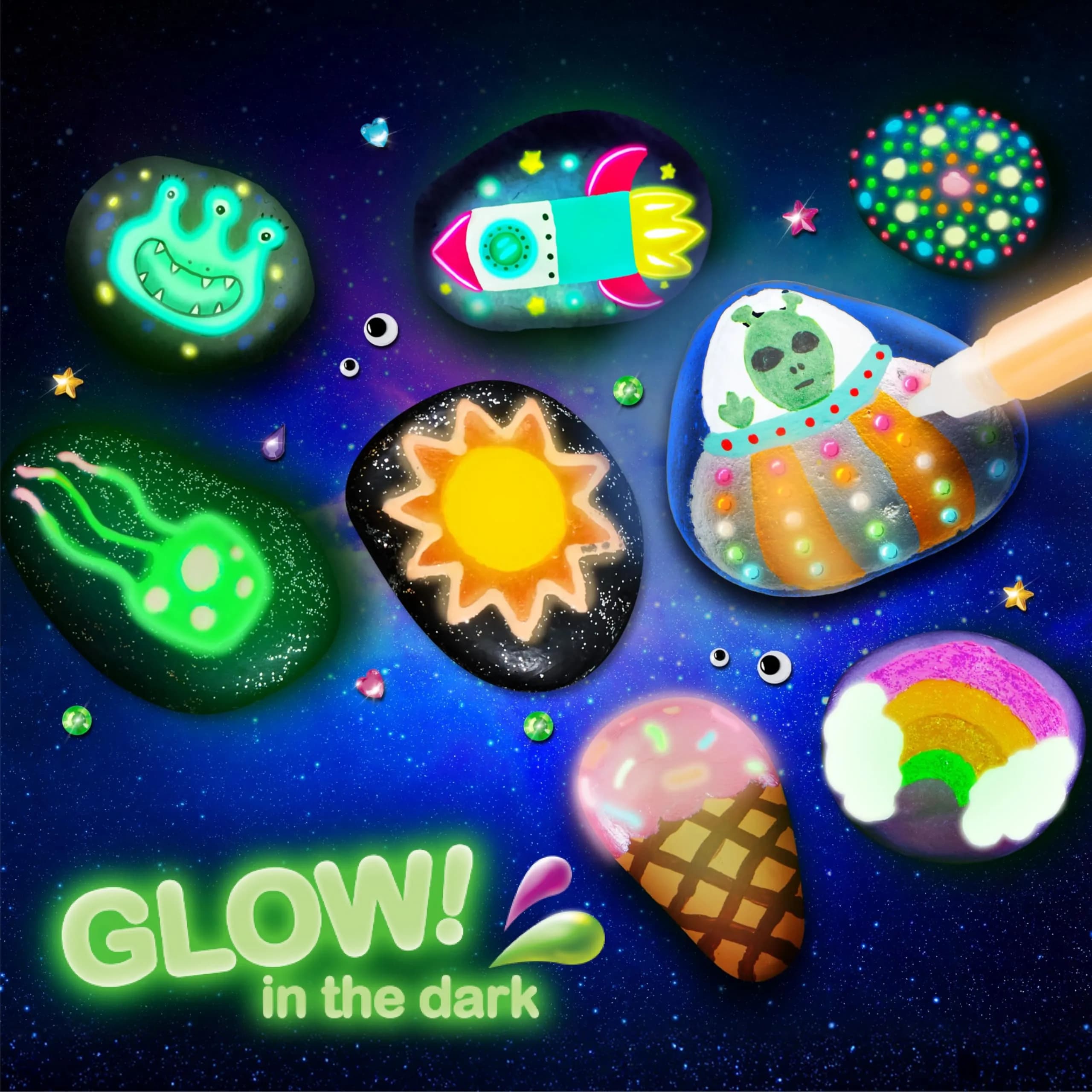 JOYIN Glow in the Dark Rock Painting Kit | Assorted Colors Art Craft Kit (10 Rocks, 6 Standard Paints, 6 Metallic Paints, 5 Glow Paints, 2 Glitter Glue, 4 Brushes, 8 Eyes, 2 Sponges, 18 Stickers, 32 Gems, Instruction Booklet) - view 2
