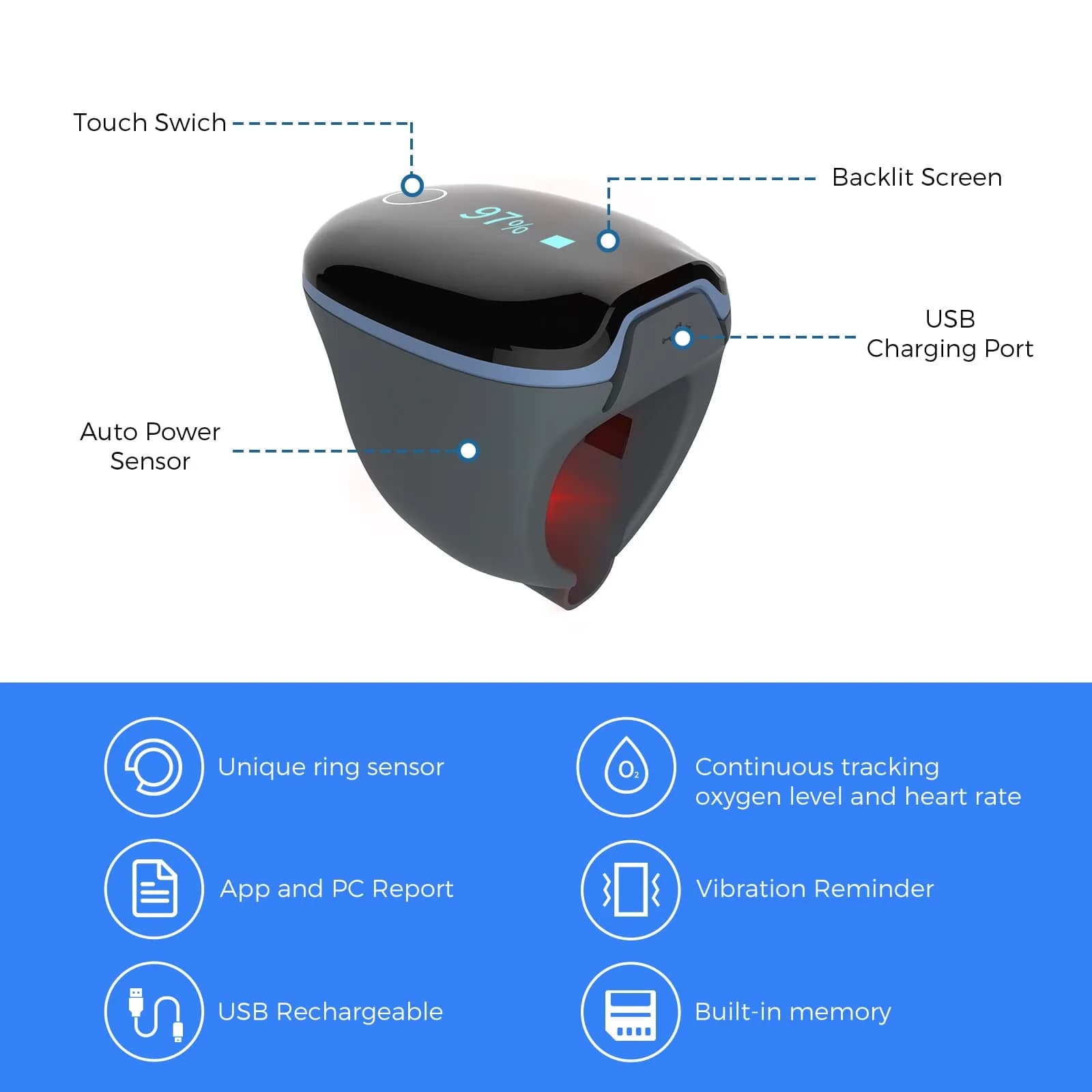 Wellue O2Ring Bluetooth Pulse Oximeter 7cm (2.75 inch) | Continuous SpO2 Tracking for Sports & Aviation - view 3