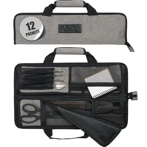 Asaya Chef Knife Roll Bag - 12-Pocket Travel Case for Kitchen Knives, Lightweight Stain-Resistant Nylon, Grey thumbnail 1