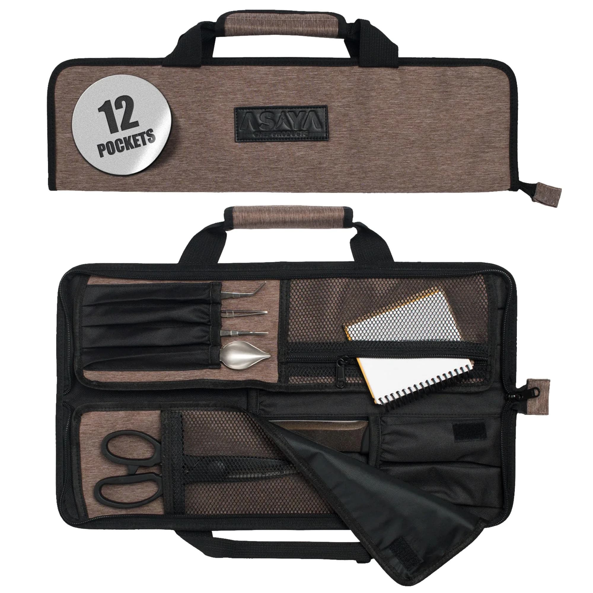 Asaya Chef Knife Roll Bag - 12-Pocket Travel Case for Kitchen Knives, Lightweight Stain-Resistant Nylon (Brown) | Secure & Portable