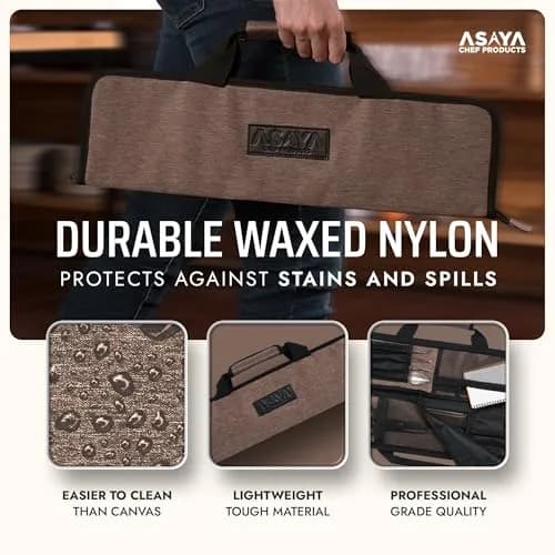 Asaya Chef Knife Roll Bag - 12-Pocket Travel Case for Kitchen Knives, Lightweight Stain-Resistant Nylon (Brown) | Secure & Portable thumbnail 3