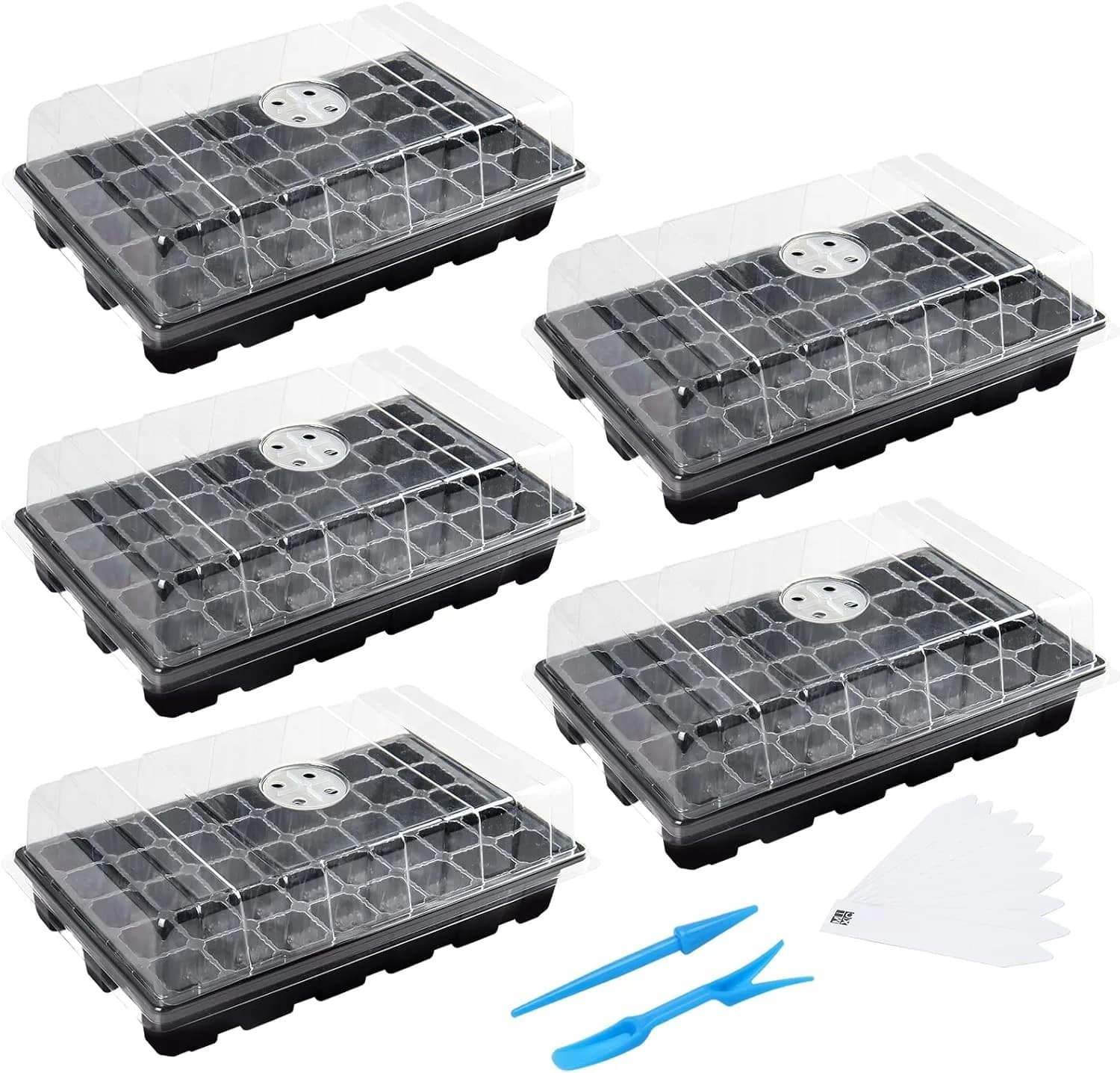 MIXC 5 Pack Seed Starter Tray with Dome & Tools, 200 Cells Total (40 Cells/Tray) | Mini Propagator Greenhouse Grow Kit — Black