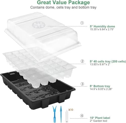 MIXC 5 Pack Seed Starter Tray with Dome & Tools, 200 Cells Total (40 Cells/Tray) | Mini Propagator Greenhouse Grow Kit thumbnail 6