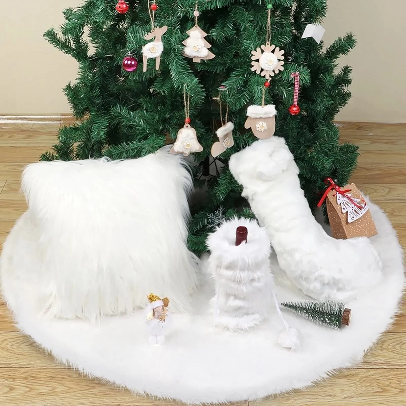 yuboo White Fluffy Fur Christmas Tree Skirt 76cm (30 inches) | Soft Faux Fur Rug for 4ft Slim Trees - view 2