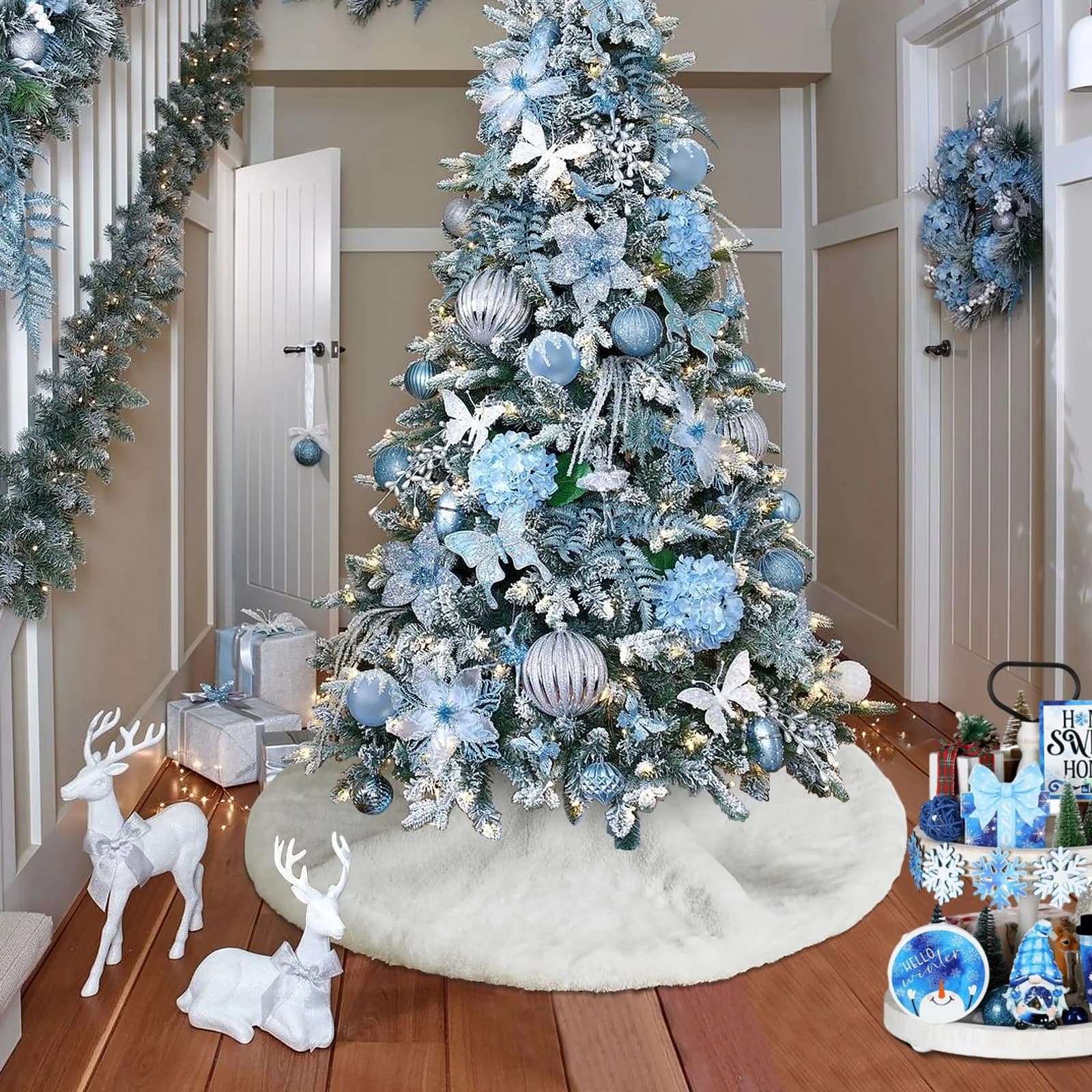 yuboo White Fluffy Fur Christmas Tree Skirt 76cm (30 inches) | Soft Faux Fur Rug for 4ft Slim Trees - view 4