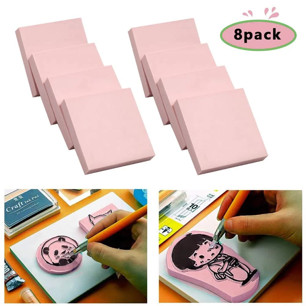 XoreArt Pink Rubber Carving Blocks 5cm x 5cm (8-Pack) | Soft Rubber Crafts for Stamp Making - view 2
