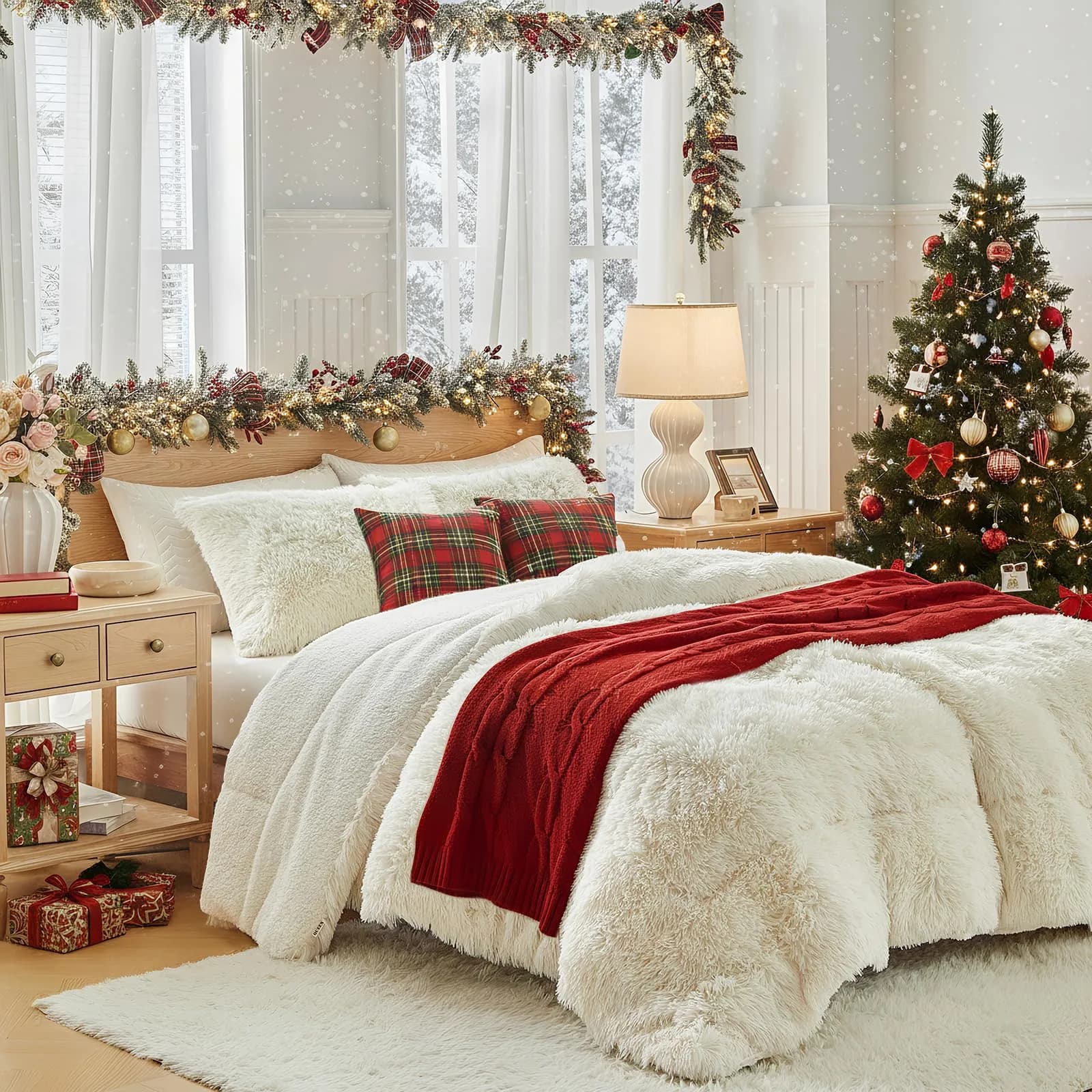 UOZZI BEDDING Faux Fur Shaggy Comforter Queen 90x90 in Cream White | Ultra Soft & Warm — Cream - White / Beige