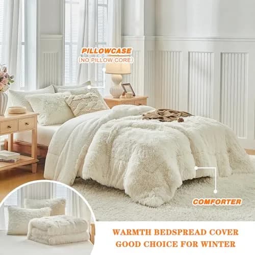 UOZZI BEDDING Faux Fur Shaggy Comforter Queen 90x90 in Cream White | Ultra Soft & Warm thumbnail 4