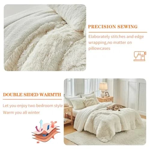 UOZZI BEDDING Faux Fur Shaggy Comforter Queen 90x90 in Cream White | Ultra Soft & Warm thumbnail 5