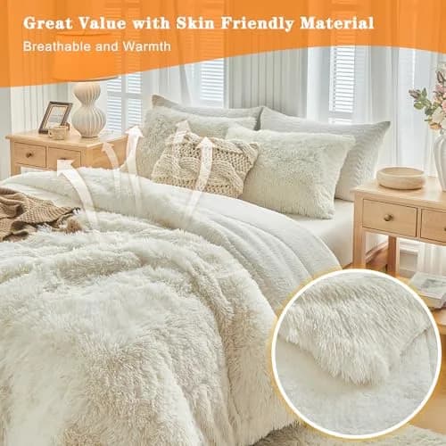 UOZZI BEDDING Faux Fur Shaggy Comforter Queen 90x90 in Cream White | Ultra Soft & Warm thumbnail 6