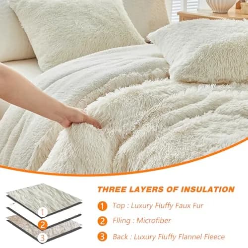 UOZZI BEDDING Faux Fur Shaggy Comforter Queen 90x90 in Cream White | Ultra Soft & Warm thumbnail 7