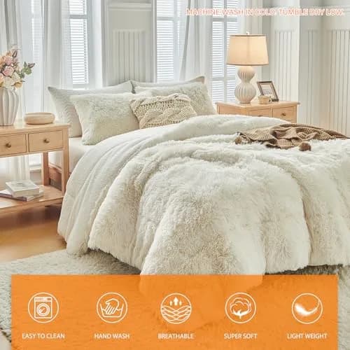 UOZZI BEDDING Faux Fur Shaggy Comforter Queen 90x90 in Cream White | Ultra Soft & Warm thumbnail 8