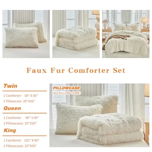 UOZZI BEDDING Faux Fur Shaggy Comforter Queen 90x90 in Cream White | Ultra Soft & Warm thumbnail 9