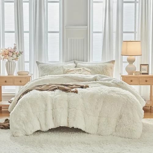 UOZZI BEDDING Faux Fur Shaggy Comforter Queen 90x90 in Cream White | Ultra Soft & Warm thumbnail 2