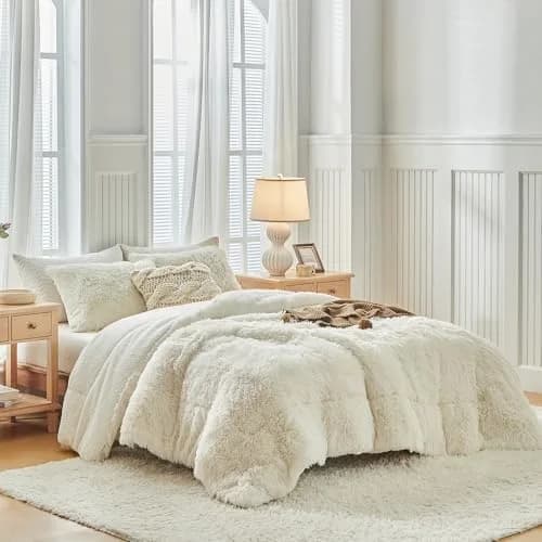 UOZZI BEDDING Faux Fur Shaggy Comforter Queen 90x90 in Cream White | Ultra Soft & Warm thumbnail 3