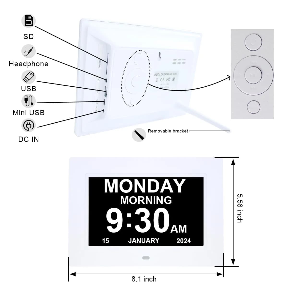 ybest 7-Inch Digital Day Calendar Clock 17.5cm (7.1 inch) | Clear Display & 12 Alarms for Seniors - view 7