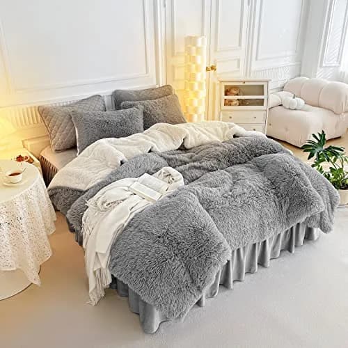 UOZZI BEDDING Gray Faux Fur Comforter Set Full/Queen | Ultra Soft Winter Bedding thumbnail 4