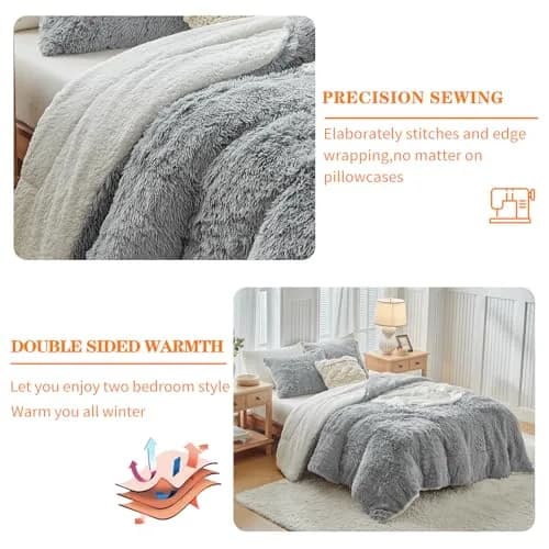 UOZZI BEDDING Gray Faux Fur Comforter Set Full/Queen | Ultra Soft Winter Bedding thumbnail 5