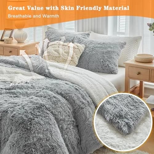 UOZZI BEDDING Gray Faux Fur Comforter Set Full/Queen | Ultra Soft Winter Bedding thumbnail 6